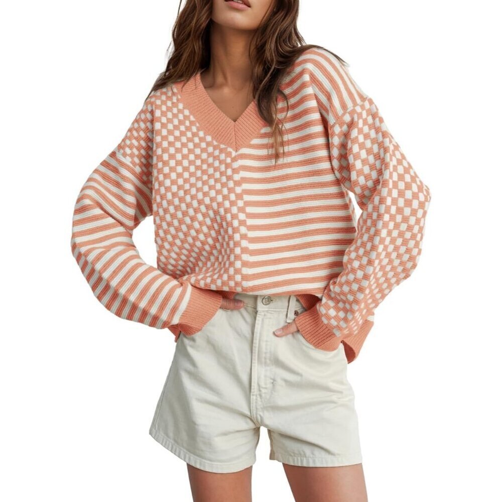 Womens Light Orange Striped Checkered V Neck Casual Knit Trendy Pullover Sweater - Picture 1 of 3